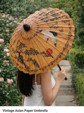 Vintage Asian Hand-Painted Paper Parasol Umbrella – Crane & Sunset Design